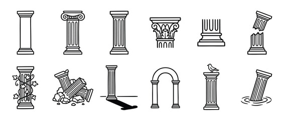 Fototapeta premium Collection of various architectural column designs and elements in a simple black outline style