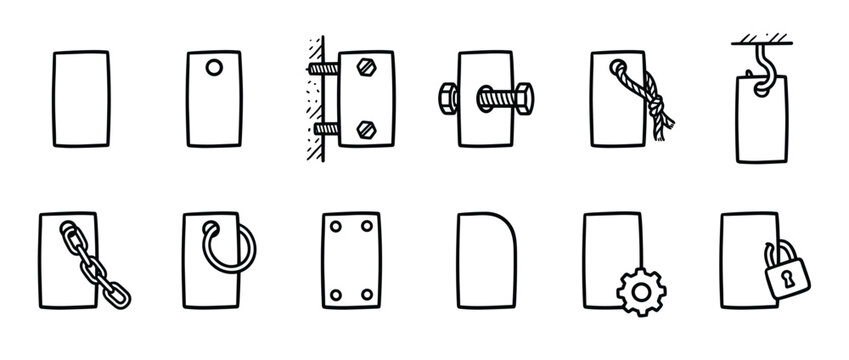 Collection of hand-drawn rectangular tags and labels with various attachments and features, rendered in a simple black outline style