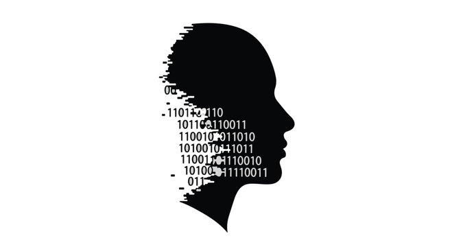Silhouette of a human head dissolving into digital binary code on a white background, representing artificial intelligence and data.
