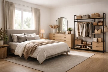 Fototapeta premium Modern bedroom interior featuring a bed dresser and clothing rack with functional storage solutions