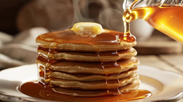 A stack of pancakes with syrup and butter on top being drizzled with more syrup.