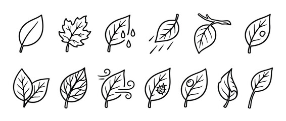 Fototapeta premium Collection of various hand-drawn leaves in black outline, depicting different shapes, conditions, and natural elements