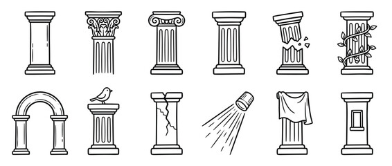 Fototapeta premium Collection of various hand-drawn line art illustrations depicting different types of ancient architectural columns and elements
