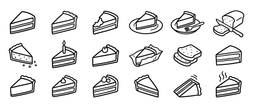 Collection of various hand-drawn dessert and bread icons, featuring slices of cake, pie, and toast in a clean, outlined style