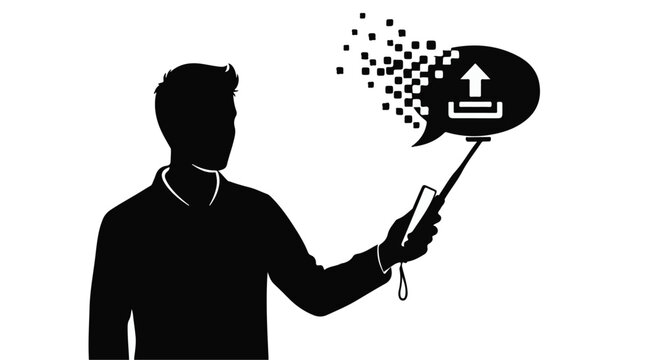 Man silhouetted taking selfie with upload icon dissolving into pixels