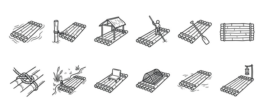 Collection of hand-drawn bamboo raft icons depicting various uses and designs in a simple, clean line art style