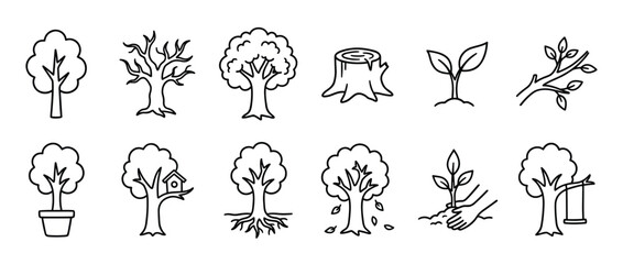 Naklejka premium Collection of various hand-drawn tree and plant icons illustrating different stages of growth and environmental concepts