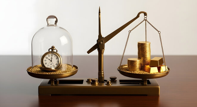 A brass balance scale with a pocket watch under a glass dome on one side and gold coins and bars on the other on a wooden table