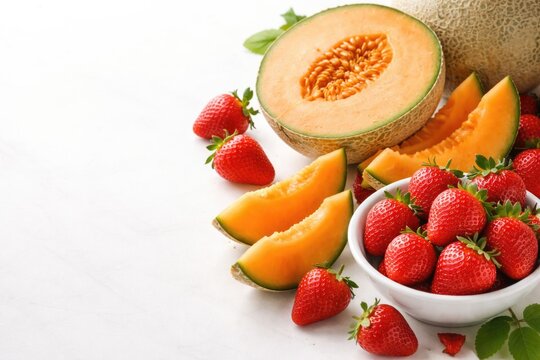 Fresh cantaloupe and ripe strawberries arranged on white surface with copy space on left