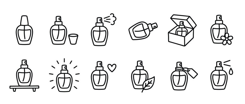 Collection of black outline perfume bottle icons depicting various states and accessories in a clean, minimalist style