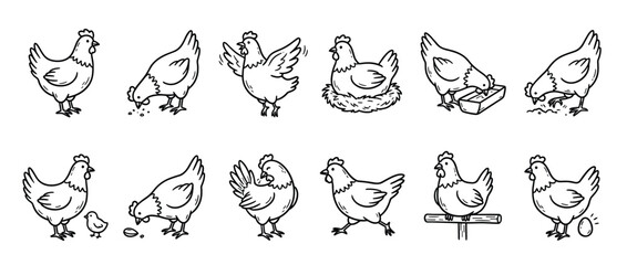 Fototapeta premium Collection of hand-drawn chickens in various poses, including standing, pecking, flapping, and sitting on a nest, depicted in a charming cartoon style