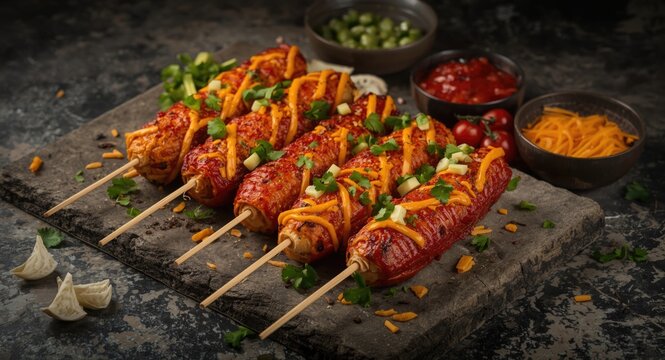 Traditional Mexican barbecue featuring cheesy chili elotes laid out on a stone surface