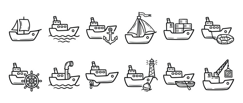Collection of various hand-drawn boat and ship icons in a simple, black-and-white outline style, depicting different maritime vessels and related elements