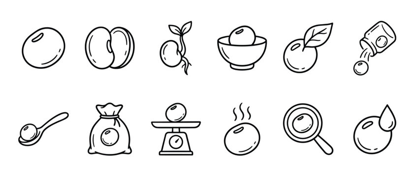 Collection of black and white line art icons depicting various stages and uses of soybeans