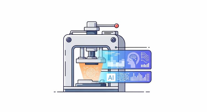 Illustration of a data compression machine with artificial intelligence and analytics displays, representing advanced data processing and AI concepts.