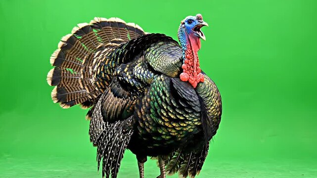 Male Wild Turkey Goble Strutting on Green Screen Background