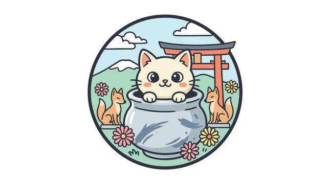 Cute Cat in a Japanese Scene Vector Graphic