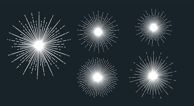 Set of minimalist white sunburst and starburst vector graphics with radiating lines on a plain dark background for design.