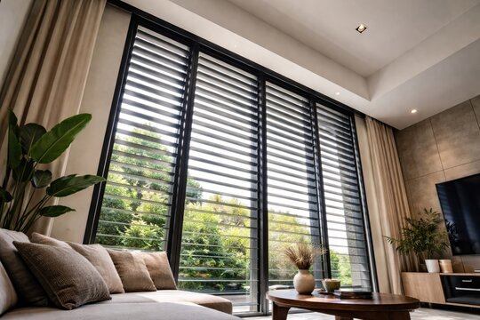 View from below of a modern living room window featuring aluminum louver shutters in a contemporary interior design