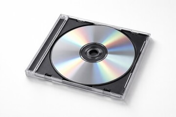 Fototapeta premium Compact disc placed inside a protective case on a clean white backdrop