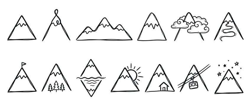 Collection of hand-drawn mountain icons in various styles, featuring different elements like trees, sun, clouds, and a house