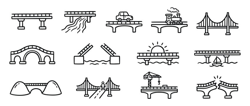 Collection of twelve simple black outline bridge icons depicting various types and scenarios, presented in a clean, illustrative style