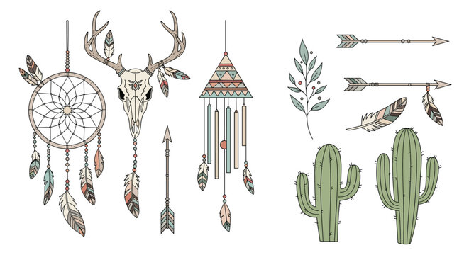 Artistic collection of bohemian style elements featuring a dreamcatcher deer skull cactus and tribal arrows in soft colors.