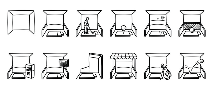 Collection of golf simulator icons in a simple black and white line art style, depicting various elements of the game