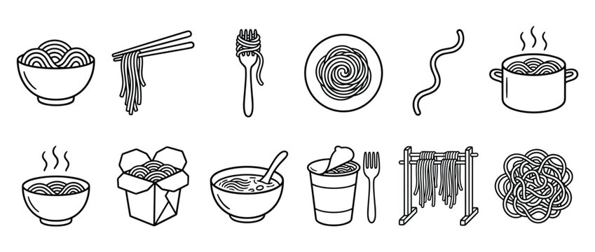 Collection of various noodle and pasta dishes and related items depicted in simple black outline icons