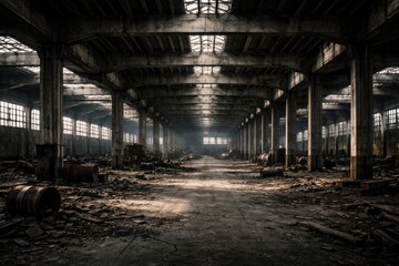 Fototapeta premium Abandoned industrial factory with precast concrete ribbed beams and cement flooring
