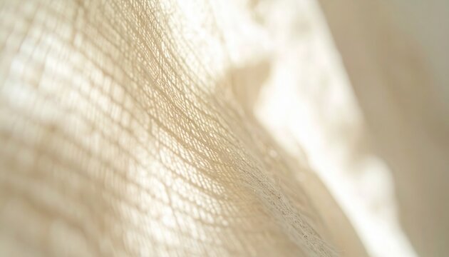 Gros plan d'un rideau en lin beige avec la lumi&egrave;re du soleil filtrant &agrave; travers le tissu textur&eacute; cr&eacute;ant une atmosph&egrave;re chaleureuse et paisible.