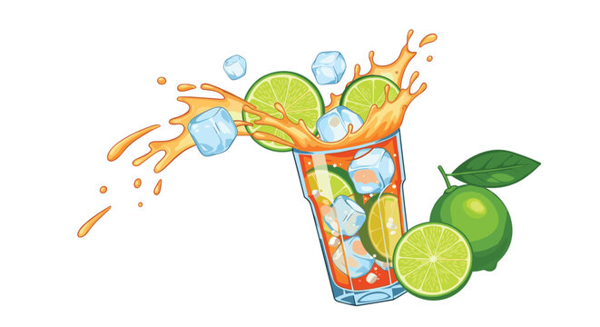 Refreshing citrus drink with lime slices and ice cubes splashing out of a glass on a white background for summer themes.