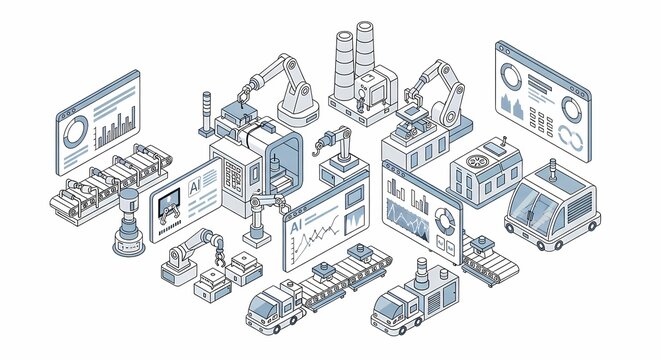 Isometric illustration of a modern smart factory with robotic arms, conveyor belts, automated vehicles, and data dashboards representing industrial automation and AI integration.