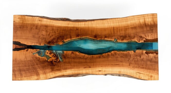 White backdrop with a top view of an elm burl slab tabletop incorporating a central epoxy resin river