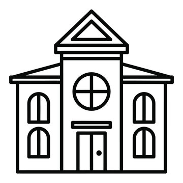 Simple line drawing of a house with triangular roof and windows icon