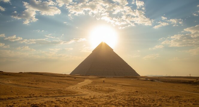 Sunlit Egyptian pyramid with a cloudless sky amidst a warm golden sand landscape