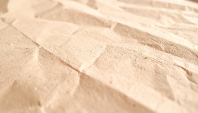 Gros plan d'une texture de papier kraft froiss&eacute; avec des plis profonds et des ombres douces cr&eacute;ant un motif abstrait et organique.