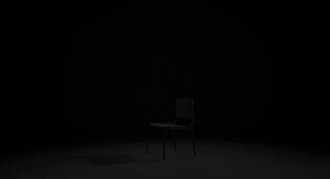 Sparse minimal dark room with a single black chair complemented by dramatic illumination of empty floor and walls