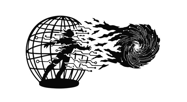 Person breaking free from digital constraints into a swirling unknown.