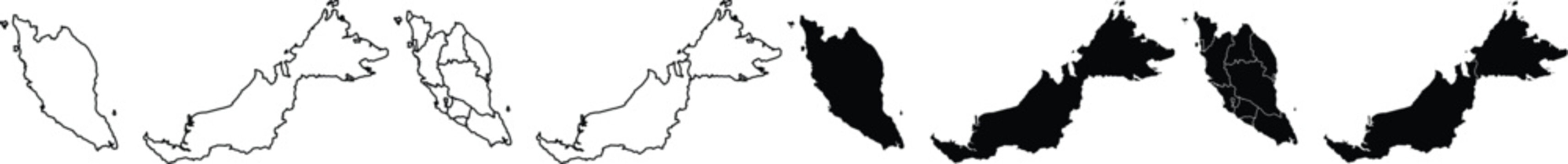 Set of malaysia map silhouettes and outlines showing peninsula and east malaysia regions