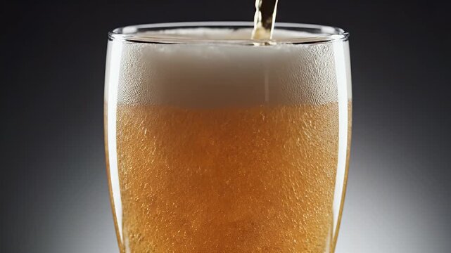 Golden liquid cascades into a glass, forming a foamy head with tiny bubbles