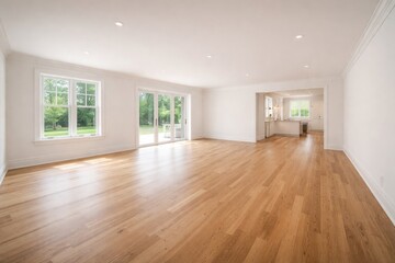 Fototapeta premium Spacious Empty Living Room with White Walls and Natural Wood Flooring