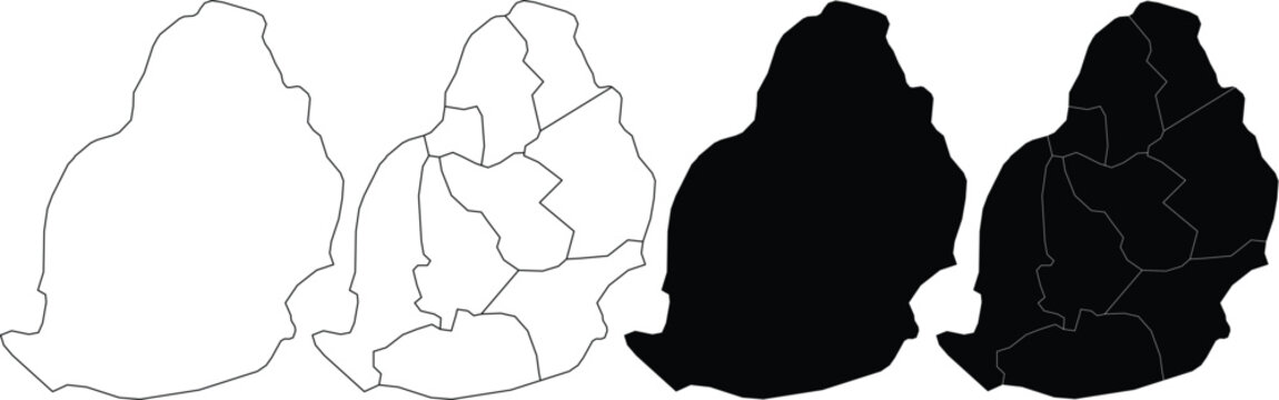 Set of four mauritius island map outlines showing district borders in black and white line