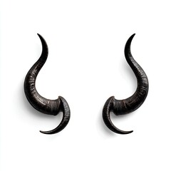 Fototapeta premium Two curved, dark, textured horns, possibly demonic or fantastical, isolated on white