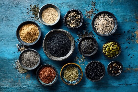 Variety of spices and seasonings on blue wooden table.