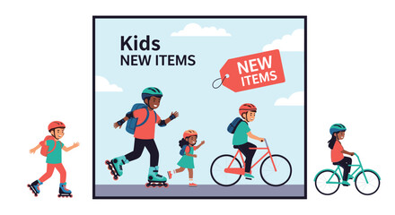 Fototapeta premium Group of children enjoying outdoor activities like cycling and roller skating for a new sports equipment promotion.