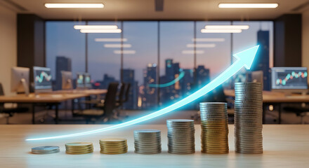 Plakat Stacked coins with rising blue arrow in modern office space with city view transparent background