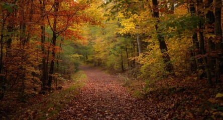 Fototapeta premium Tranquil natural trail in a forest vibrant with autumn leaf hues