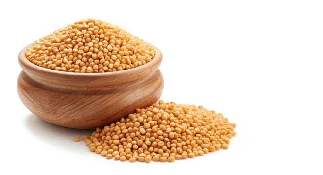 Urad dal grains packed in a robust wooden container on white background