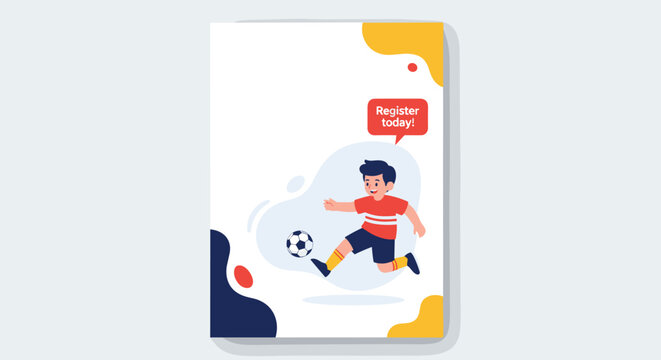 Colorful sports flyer template featuring a young boy playing soccer with a soccer ball and a speech bubble that says register today.